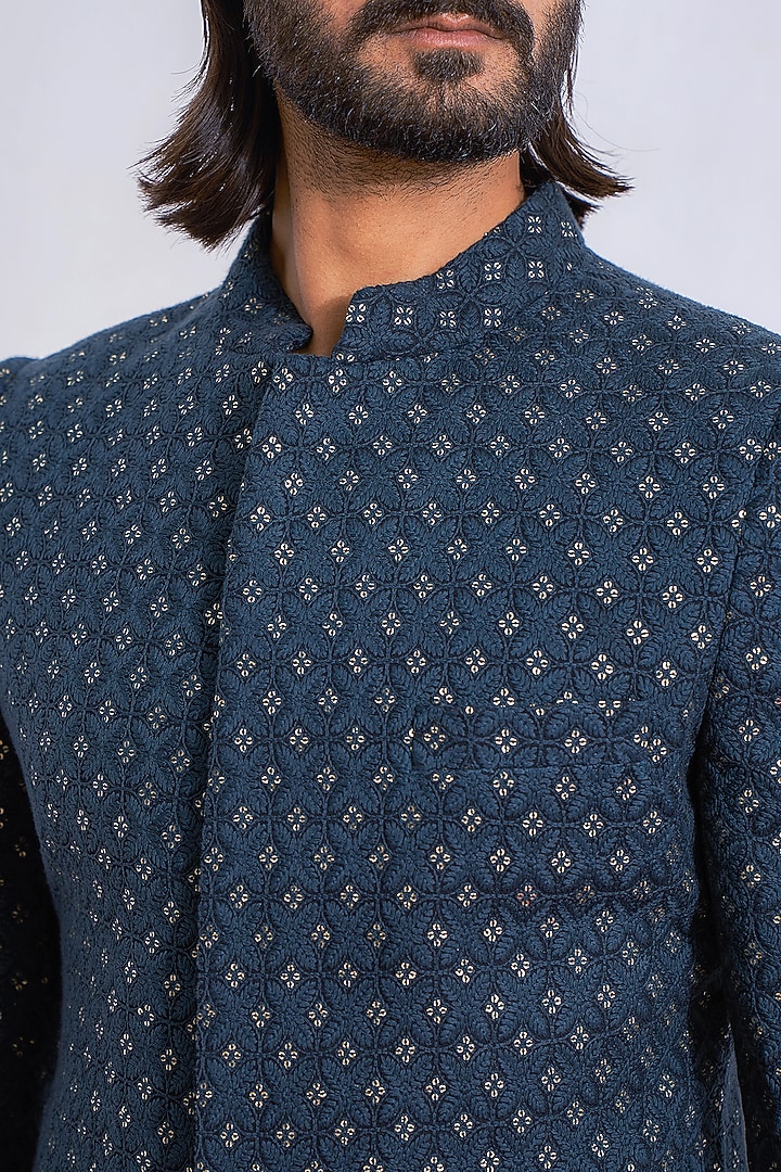 Slate Blue Machine Embroidered Wedding Indowestern Jacket by Ankit V Kapoor at Pernia's Pop Up Shop