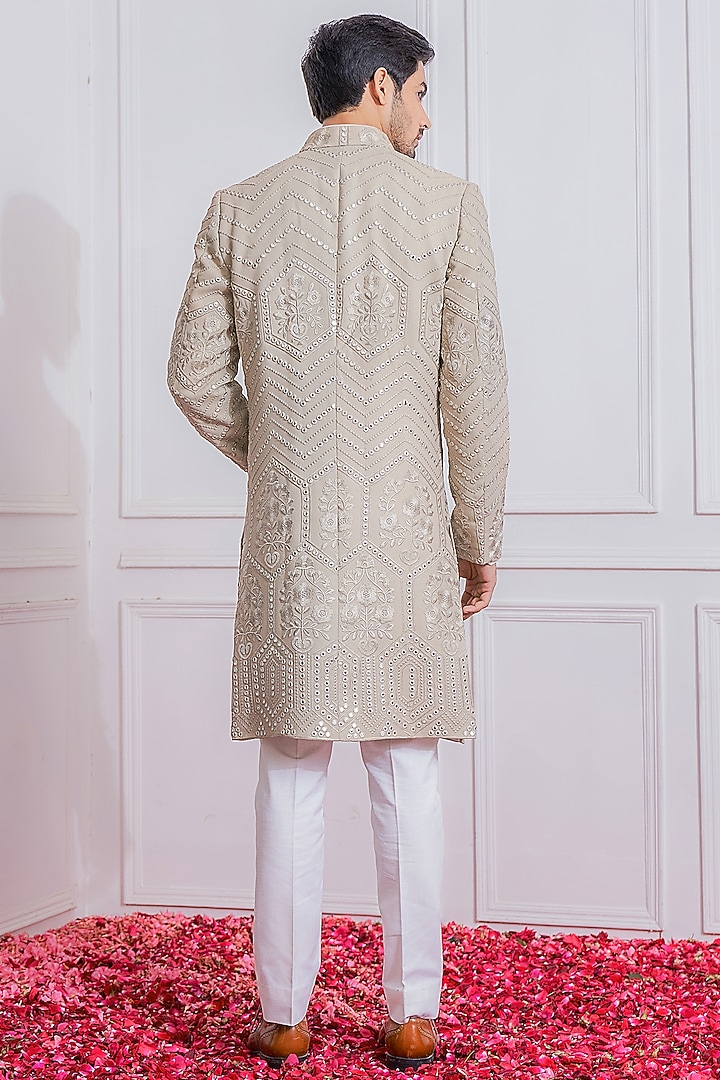 Beige Pure Georgette Machine Embroidered Wedding Sherwani by Ankit V Kapoor at Pernia's Pop Up Shop