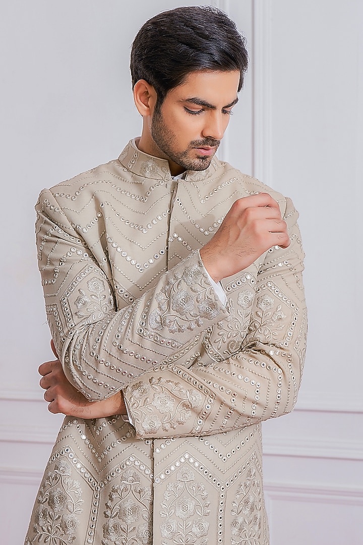 Beige Pure Georgette Machine Embroidered Wedding Sherwani by Ankit V Kapoor at Pernia's Pop Up Shop
