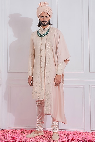 Crystal Pink Machine Embroidered Sherwani Set by Ankit V Kapoor