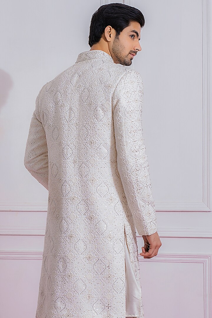 Off-White Hand & Machine Embroidered Groom Sherwani Set by Ankit V Kapoor at Pernia's Pop Up Shop