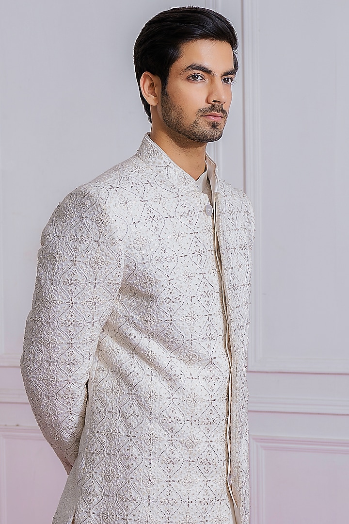 Off-White Hand & Machine Embroidered Groom Sherwani Set by Ankit V Kapoor at Pernia's Pop Up Shop