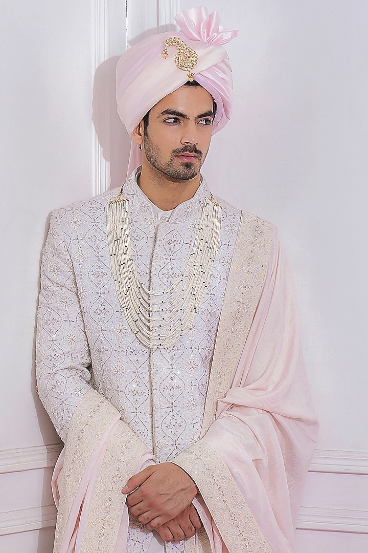 Off-White Hand & Machine Embroidered Groom Sherwani Set by Ankit V Kapoor at Pernia's Pop Up Shop