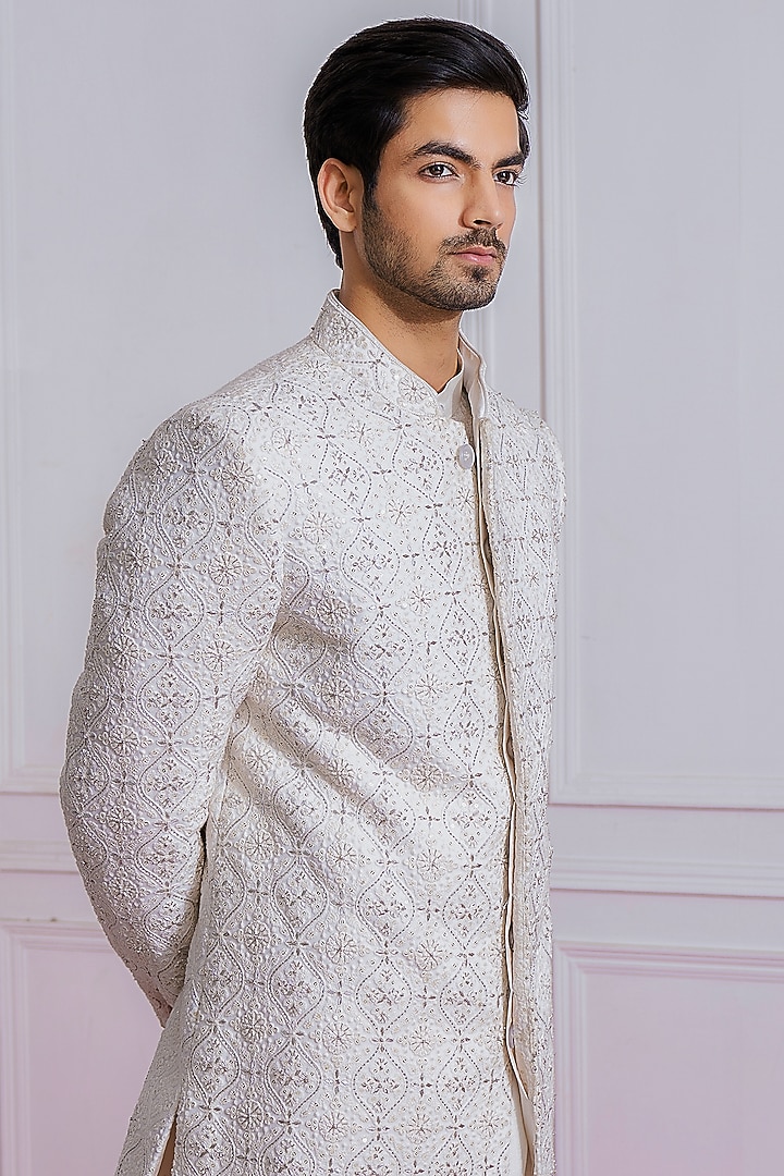 Off-White Hand & Machine Embroidered Groom Sherwani Set by Ankit V Kapoor at Pernia's Pop Up Shop