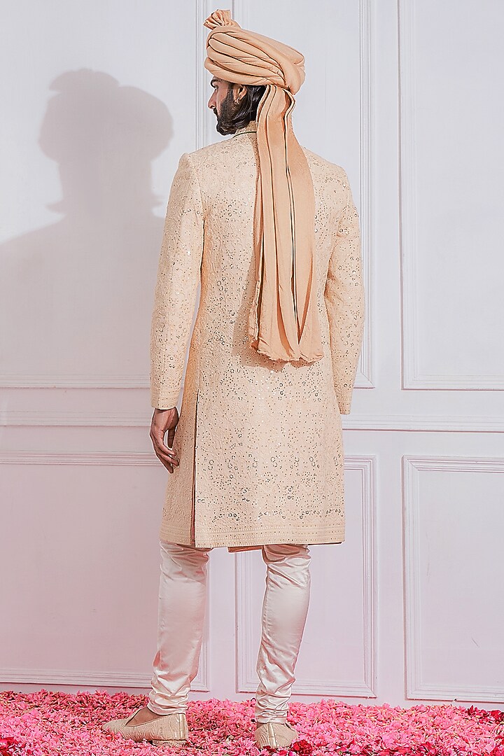 Sheer Pink Machine Embroidered Groom Sherwani Set by Ankit V Kapoor at Pernia's Pop Up Shop