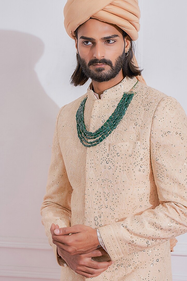 Sheer Pink Machine Embroidered Groom Sherwani Set by Ankit V Kapoor at Pernia's Pop Up Shop