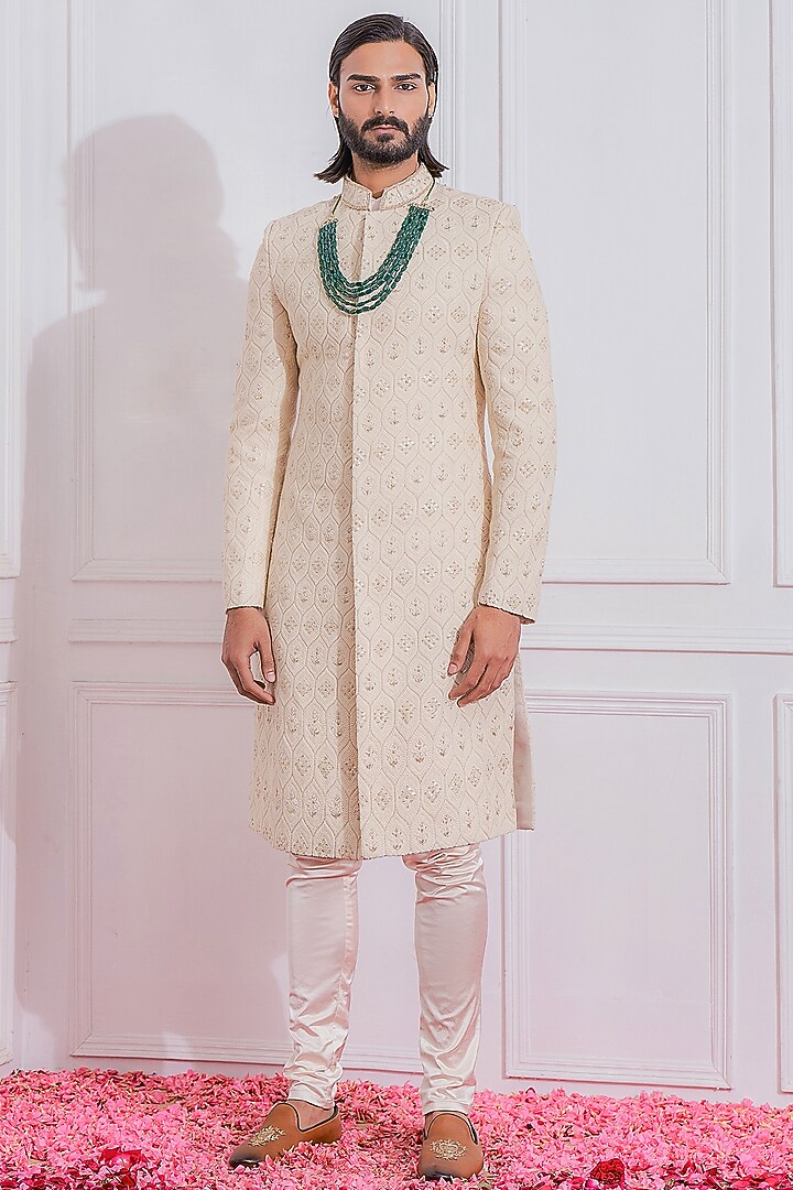 Sheer Pink Embroidered Groom Sherwani Set by Ankit V Kapoor at Pernia's Pop Up Shop