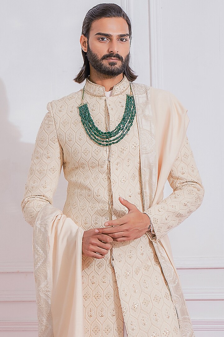 Sheer Pink Embroidered Groom Sherwani Set by Ankit V Kapoor at Pernia's Pop Up Shop