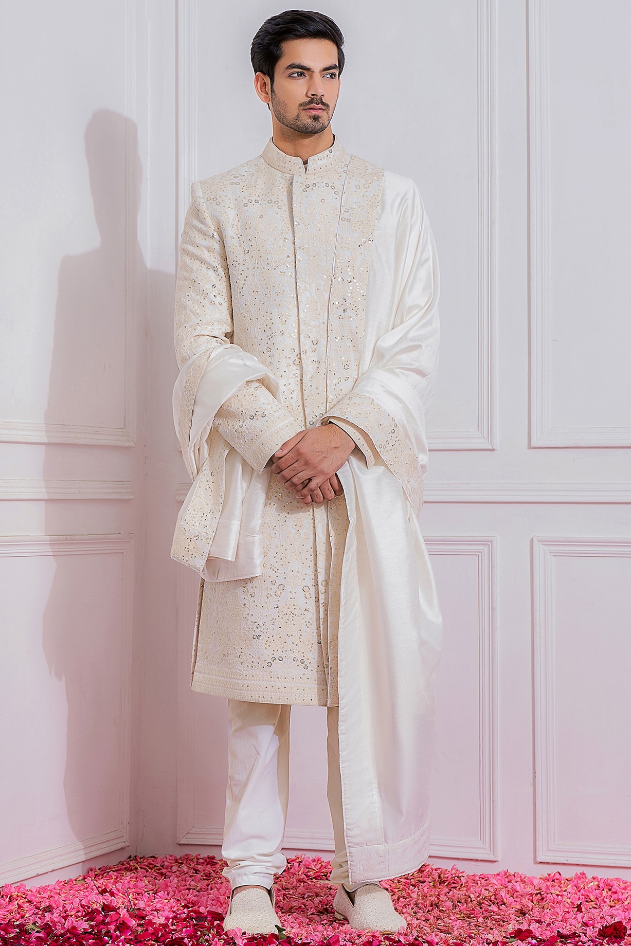 Off-White Georgette Satin Linen Wedding Sherwani Set by Ankit V