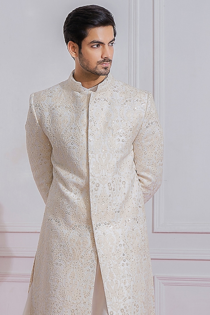Off-White Georgette & Satin Linen Groom Sherwani Set by Ankit V Kapoor at Pernia's Pop Up Shop