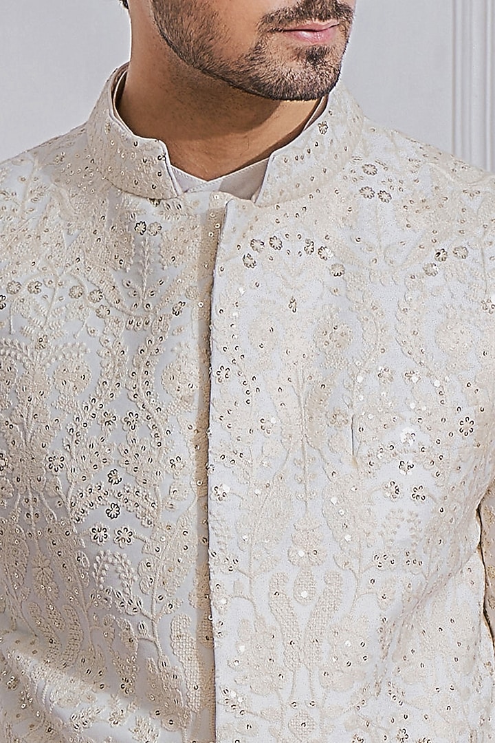Off-White Georgette & Satin Linen Groom Sherwani Set by Ankit V Kapoor at Pernia's Pop Up Shop