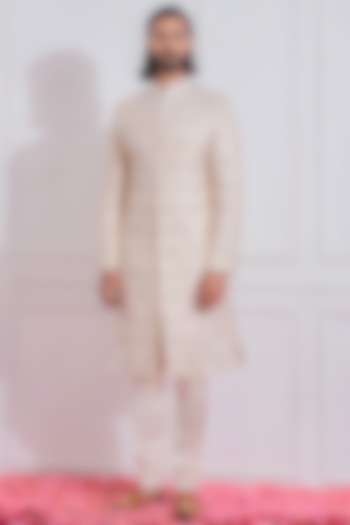 Peach Hand & Machine Embroidered Groom Sherwani Set by Ankit V Kapoor at Pernia's Pop Up Shop