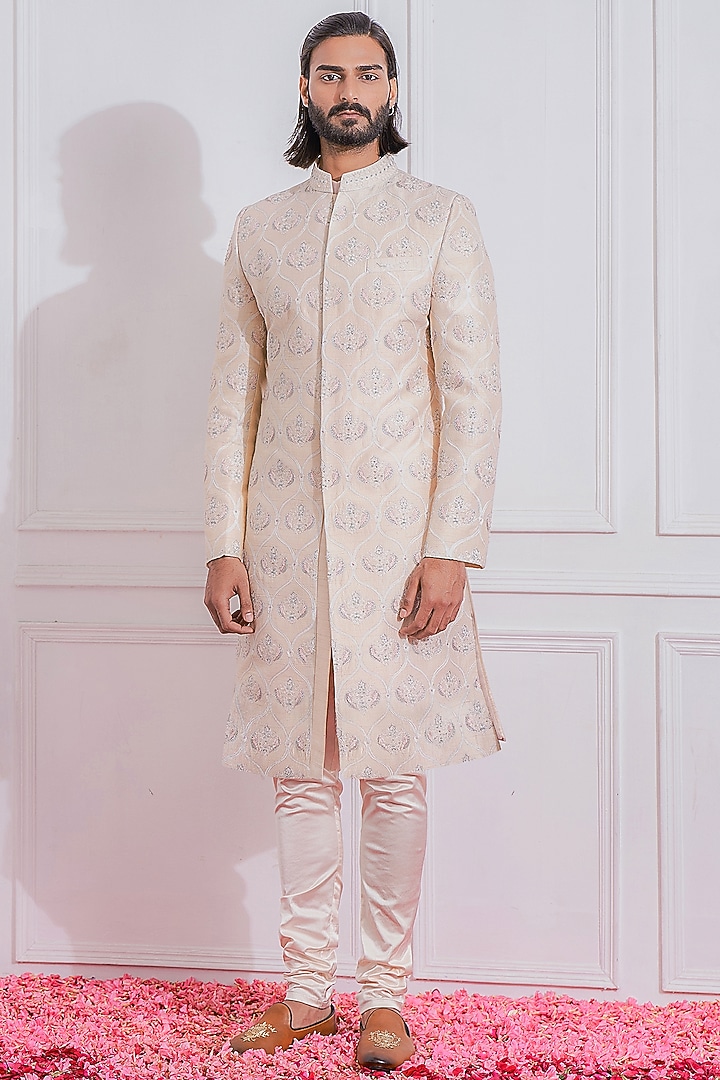 Peach Hand & Machine Embroidered Groom Sherwani Set by Ankit V Kapoor at Pernia's Pop Up Shop