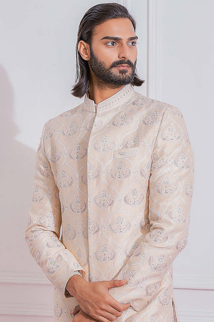 Peach Hand & Machine Embroidered Groom Sherwani Set by Ankit V Kapoor at Pernia's Pop Up Shop
