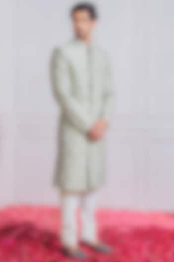 Mint Green Hand & Machine Embroidered Groom Sherwani Set by Ankit V Kapoor at Pernia's Pop Up Shop