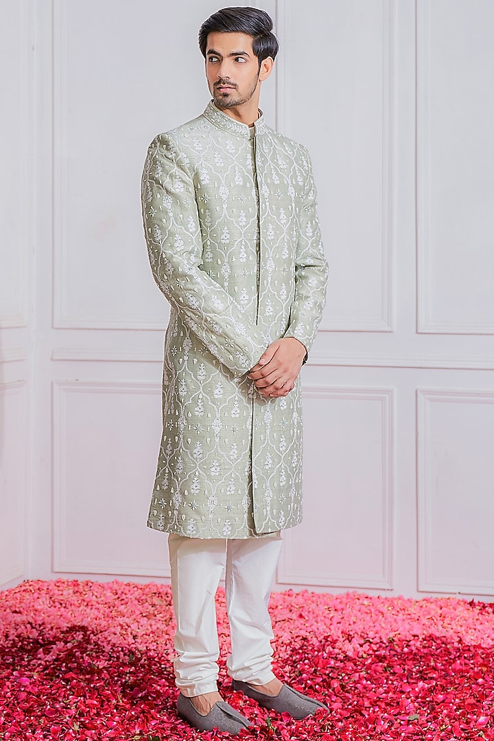 Mint Green Hand & Machine Embroidered Groom Sherwani Set by Ankit V Kapoor at Pernia's Pop Up Shop