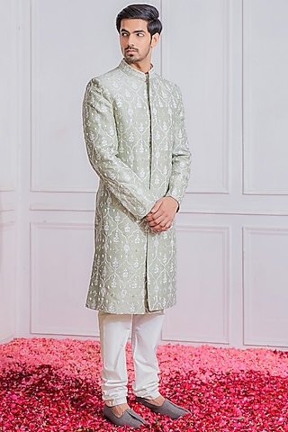 Mint Green Hand & Machine Embroidered Sherwani Set by Ankit V Kapoor