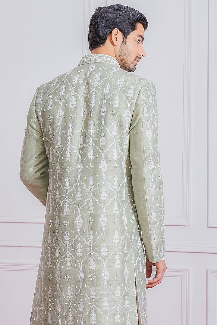 Mint Green Hand & Machine Embroidered Groom Sherwani Set by Ankit V Kapoor at Pernia's Pop Up Shop