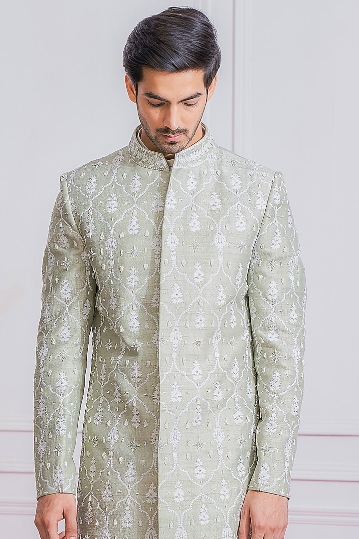 Mint Green Hand & Machine Embroidered Groom Sherwani Set by Ankit V Kapoor at Pernia's Pop Up Shop