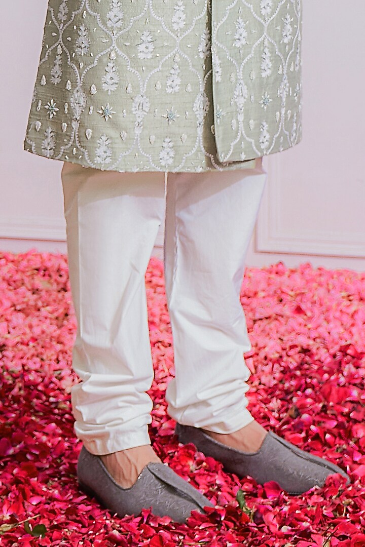 Mint Green Hand & Machine Embroidered Groom Sherwani Set by Ankit V Kapoor at Pernia's Pop Up Shop