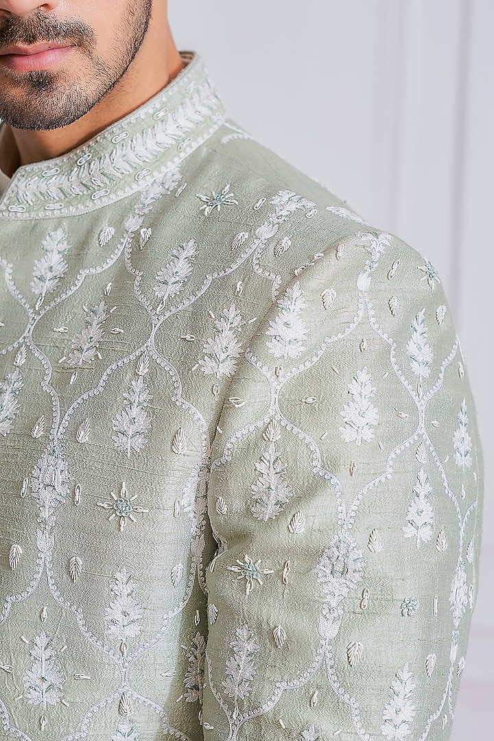Mint Green Hand & Machine Embroidered Groom Sherwani Set by Ankit V Kapoor at Pernia's Pop Up Shop