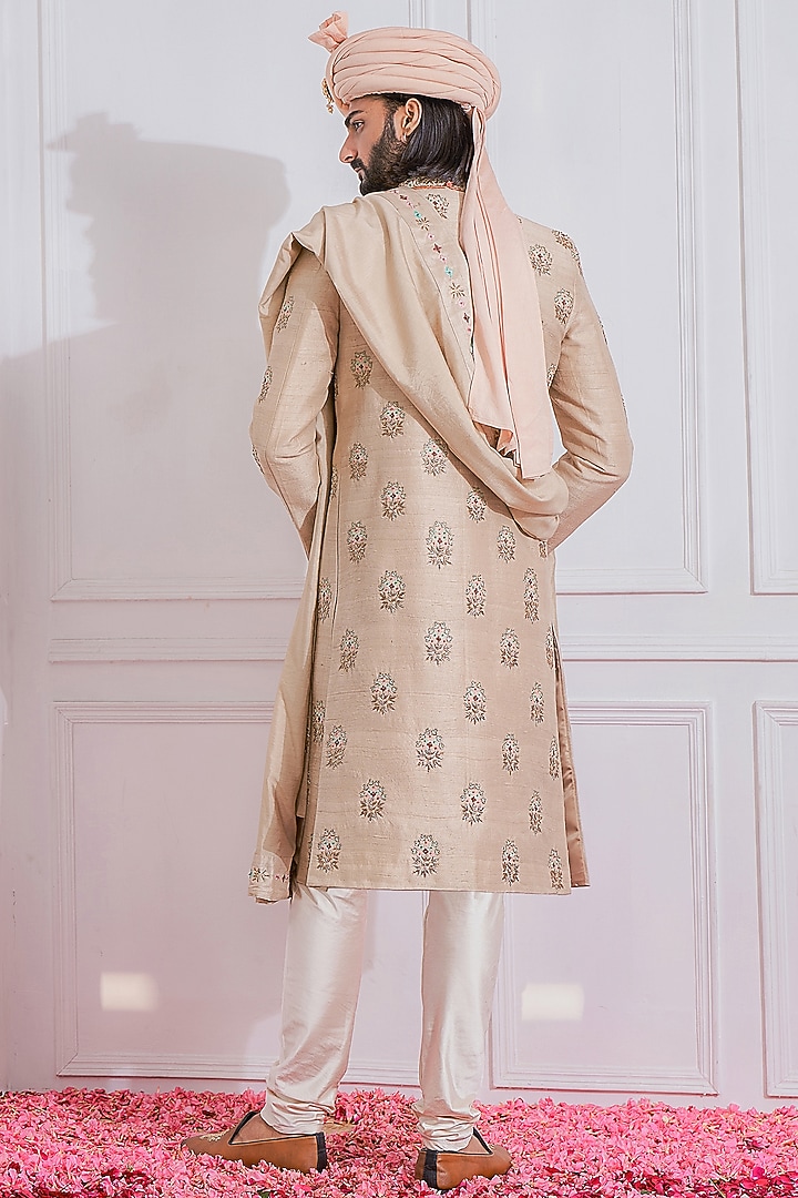 Honey Beige Hand Embroidered Groom Sherwani Set by Ankit V Kapoor at Pernia's Pop Up Shop