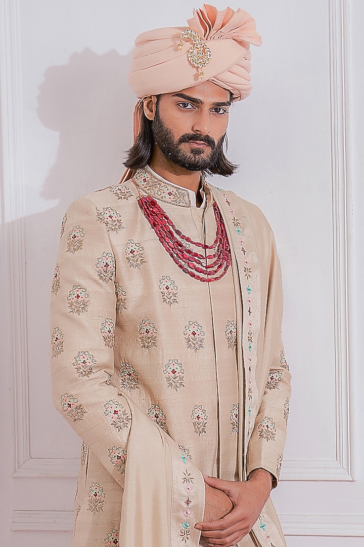 Honey Beige Hand Embroidered Groom Sherwani Set by Ankit V Kapoor at Pernia's Pop Up Shop