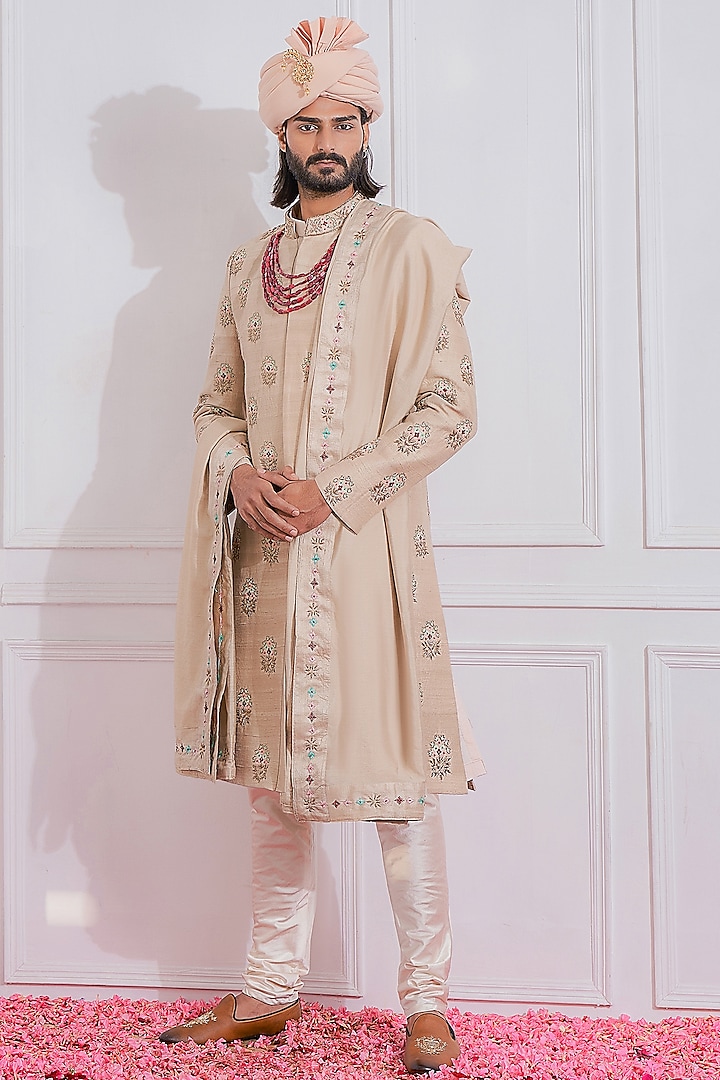 Honey Beige Hand Embroidered Groom Sherwani Set by Ankit V Kapoor at Pernia's Pop Up Shop