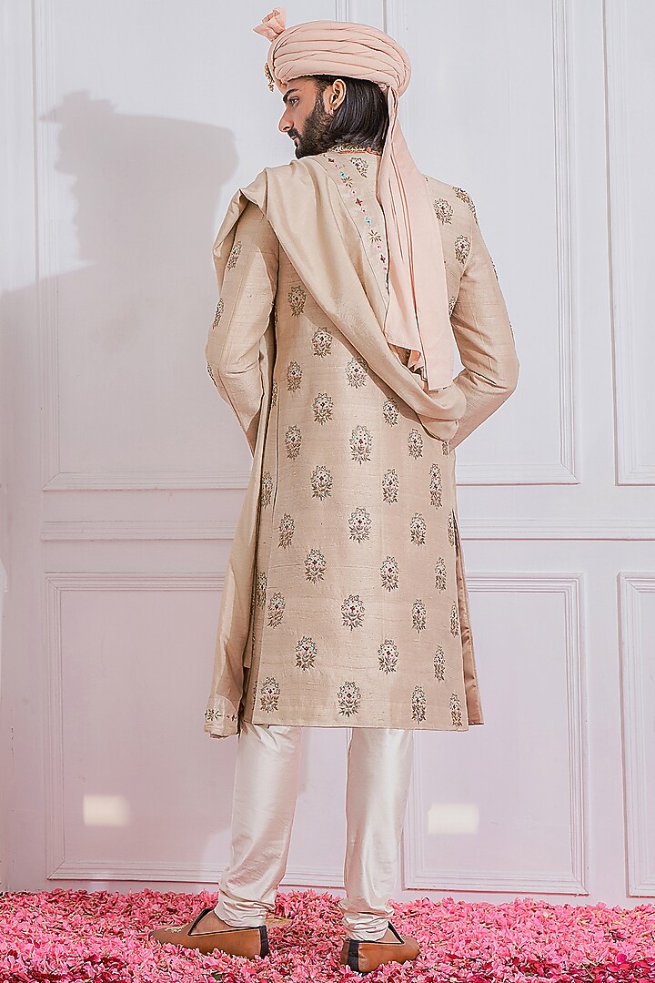 Honey Beige Hand Embroidered Groom Sherwani Set by Ankit V Kapoor at Pernia's Pop Up Shop