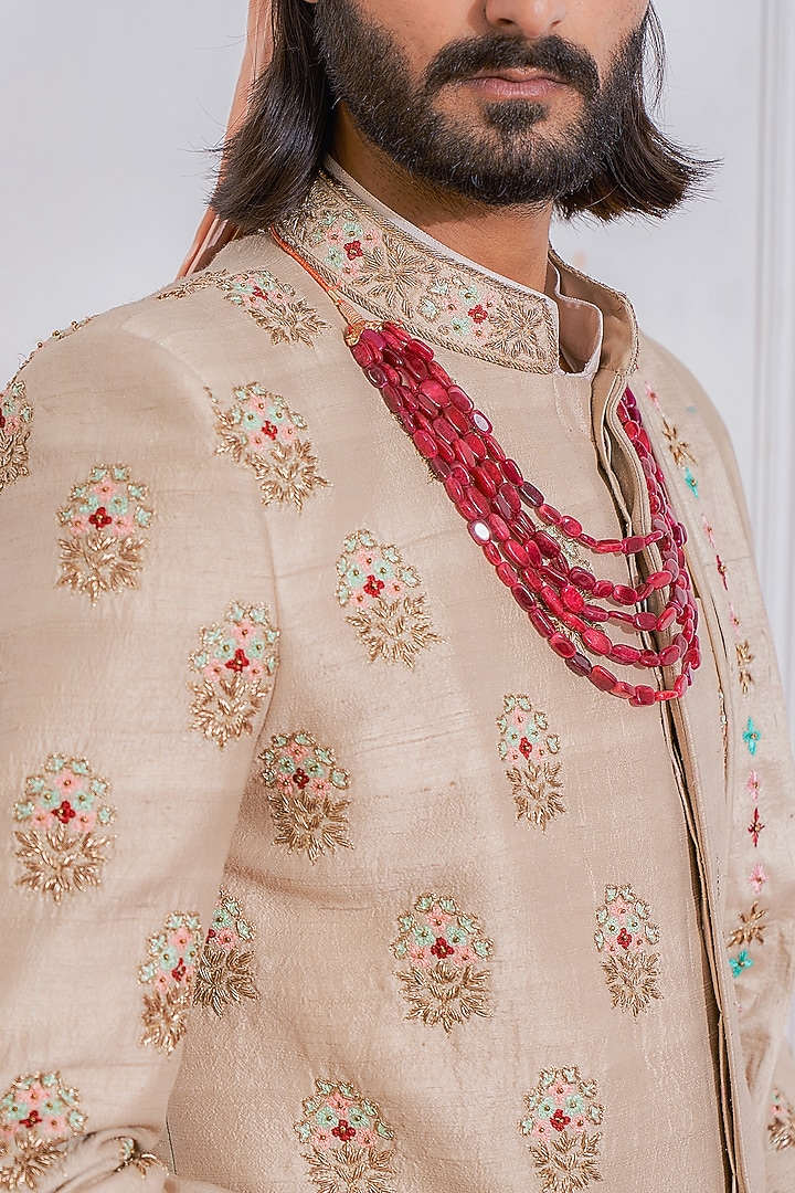 Honey Beige Hand Embroidered Groom Sherwani Set by Ankit V Kapoor at Pernia's Pop Up Shop