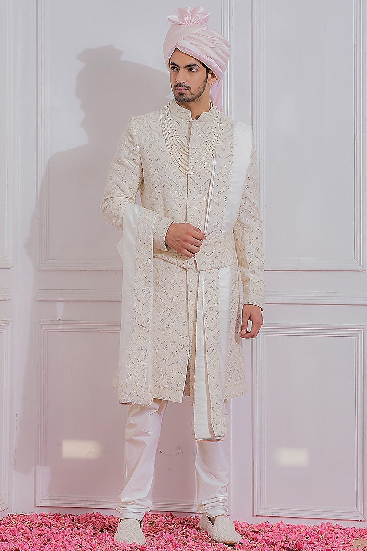 Off-White Machine Embroidered Groom Sherwani Set by Ankit V Kapoor at Pernia's Pop Up Shop