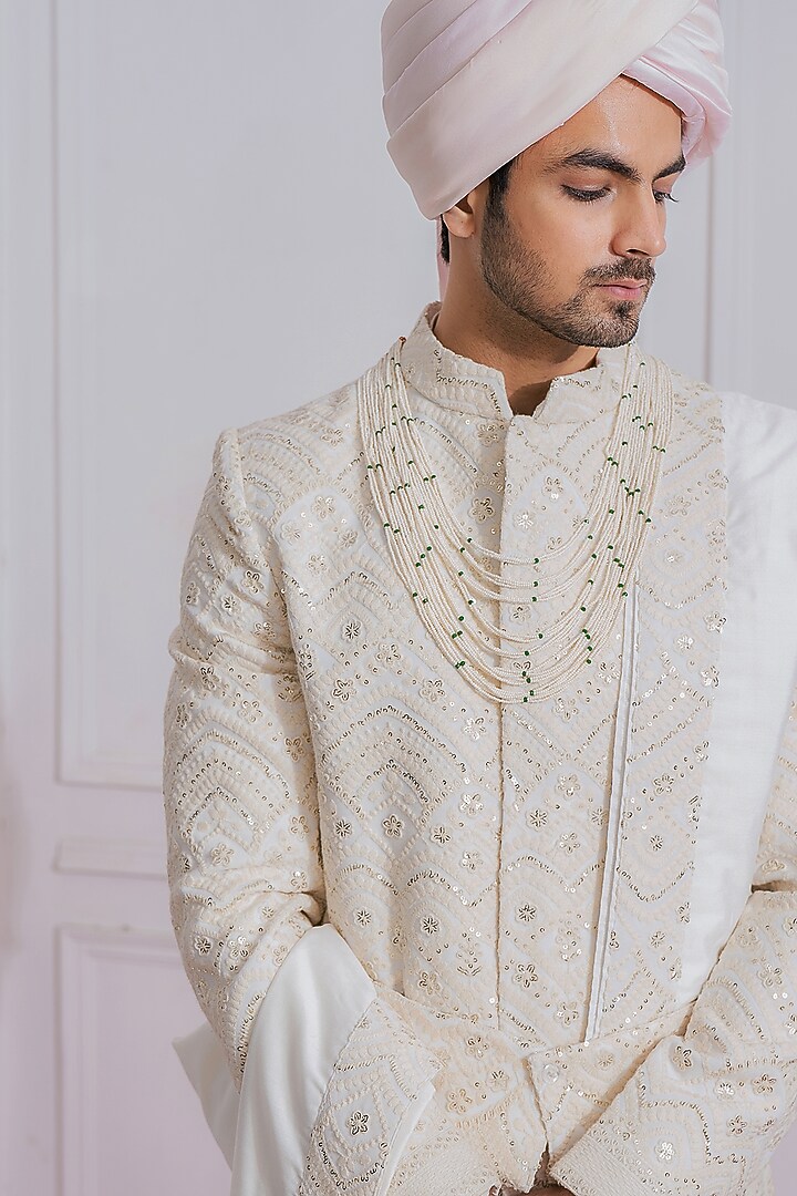 Off-White Machine Embroidered Groom Sherwani Set by Ankit V Kapoor at Pernia's Pop Up Shop