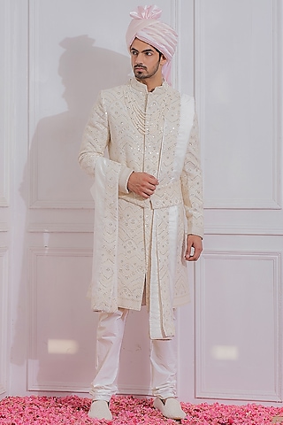 Off-White Machine Embroidered Sherwani Set by Ankit V Kapoor
