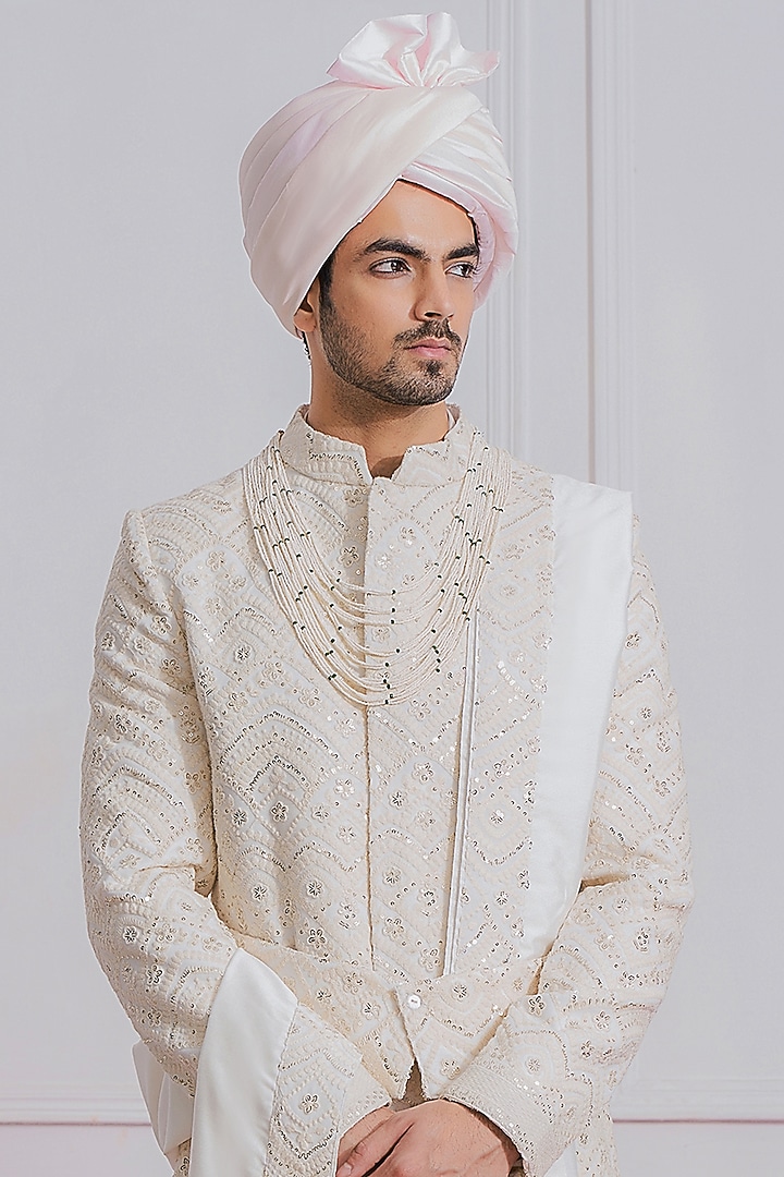Off-White Machine Embroidered Groom Sherwani Set by Ankit V Kapoor at Pernia's Pop Up Shop
