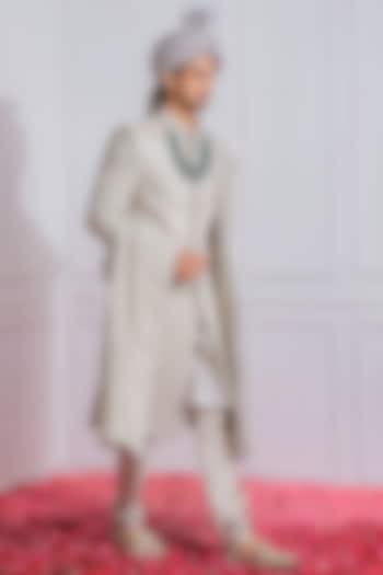 Porcelain Grey Machine Embroidered Groom Sherwani Set by Ankit V Kapoor at Pernia's Pop Up Shop