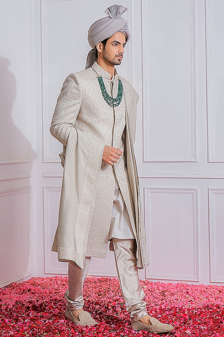 Porcelain Grey Machine Embroidered Groom Sherwani Set by Ankit V Kapoor at Pernia's Pop Up Shop