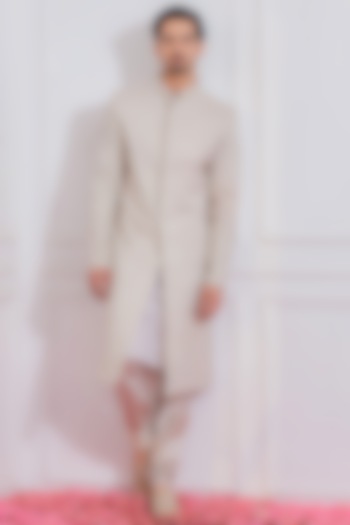 Porcelain Grey Machine Embroidered Groom Sherwani Set by Ankit V Kapoor at Pernia's Pop Up Shop