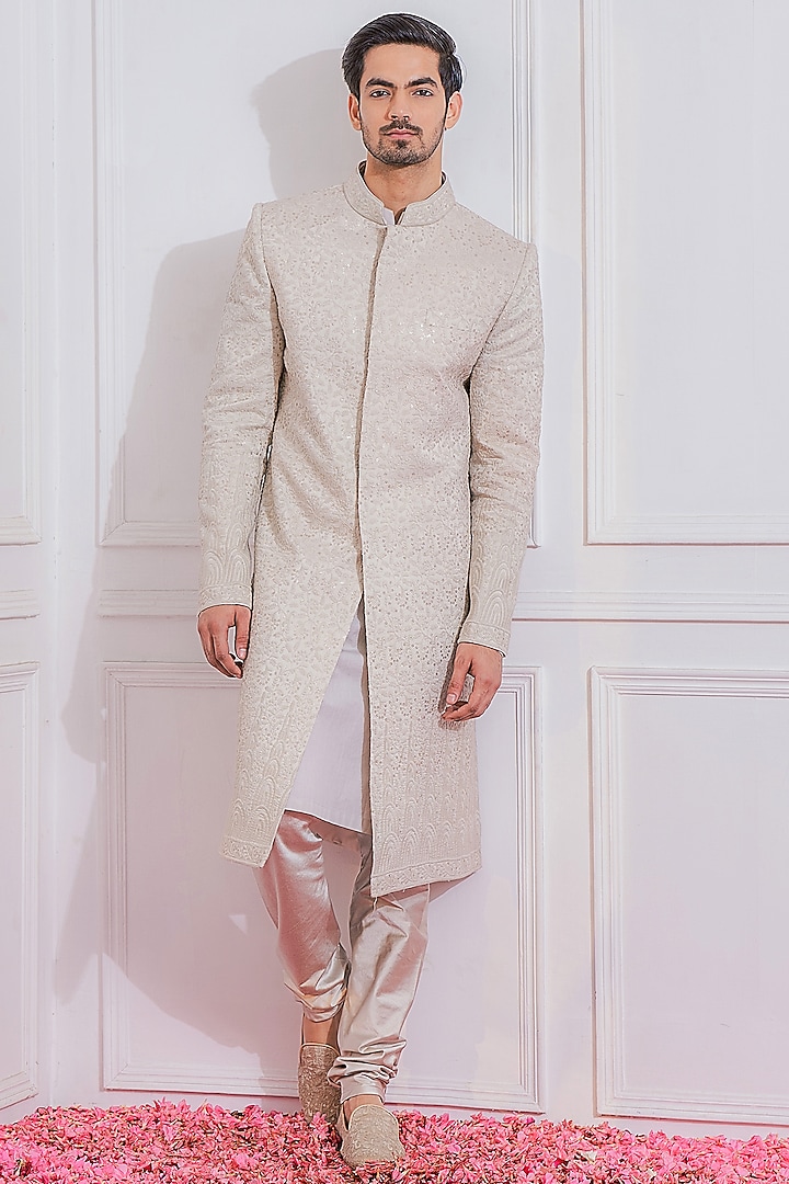 Porcelain Grey Machine Embroidered Groom Sherwani Set by Ankit V Kapoor at Pernia's Pop Up Shop