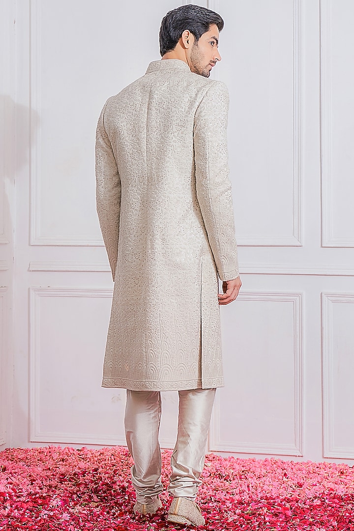Porcelain Grey Machine Embroidered Groom Sherwani Set by Ankit V Kapoor at Pernia's Pop Up Shop