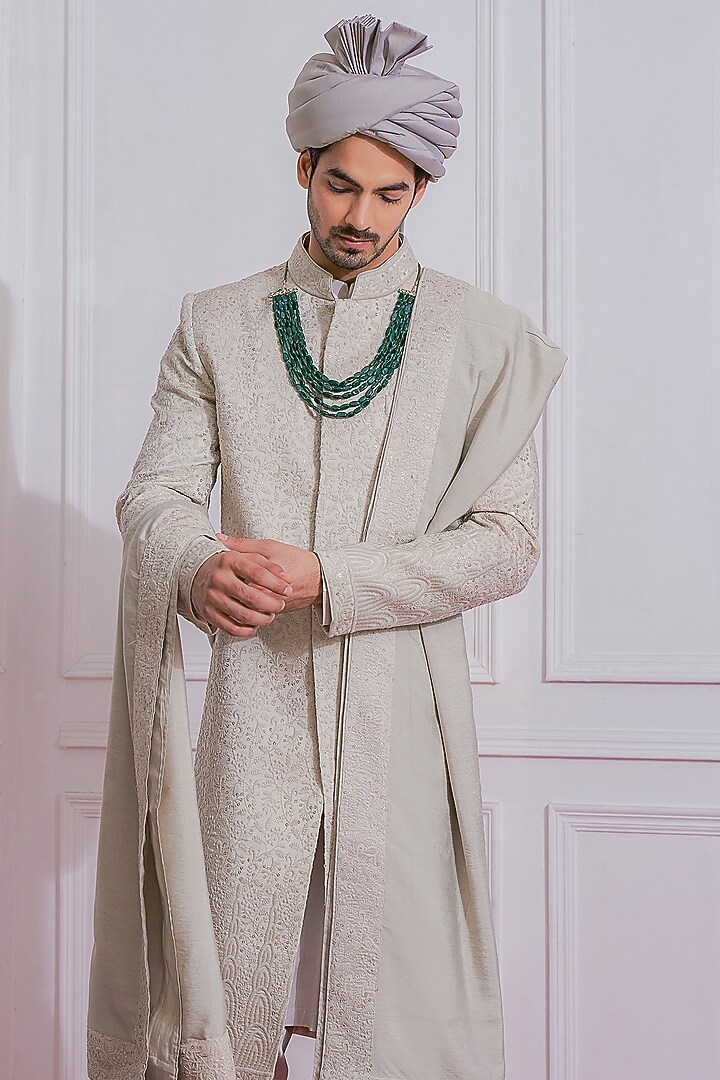 Porcelain Grey Machine Embroidered Groom Sherwani Set by Ankit V Kapoor at Pernia's Pop Up Shop