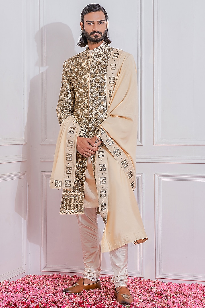 Gold Hand Embroidered Groom Sherwani Set by Ankit V Kapoor at Pernia's Pop Up Shop