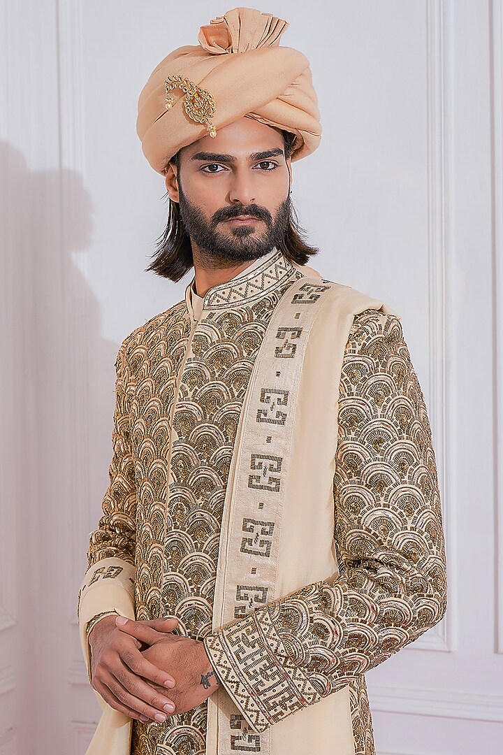 Gold Hand Embroidered Groom Sherwani Set by Ankit V Kapoor at Pernia's Pop Up Shop