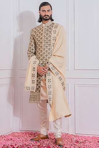 Gold Hand Embroidered Sherwani Set by Ankit V Kapoor