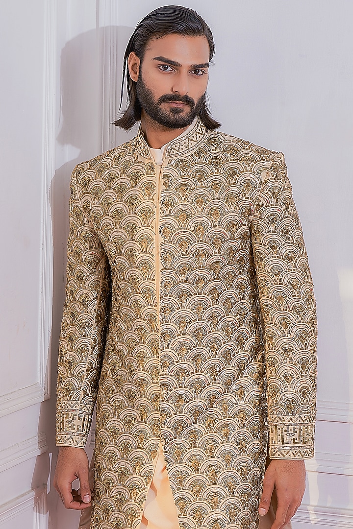 Gold Hand Embroidered Groom Sherwani Set by Ankit V Kapoor at Pernia's Pop Up Shop