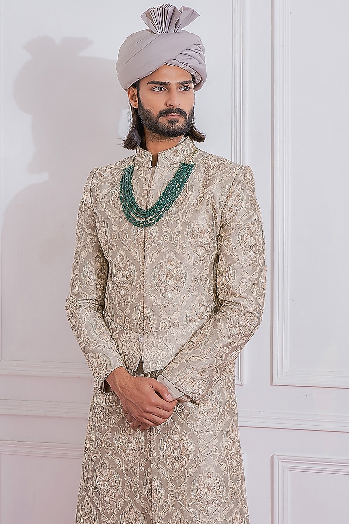 Fog Grey Hand Embroidered Groom Sherwani Set by Ankit V Kapoor at Pernia's Pop Up Shop