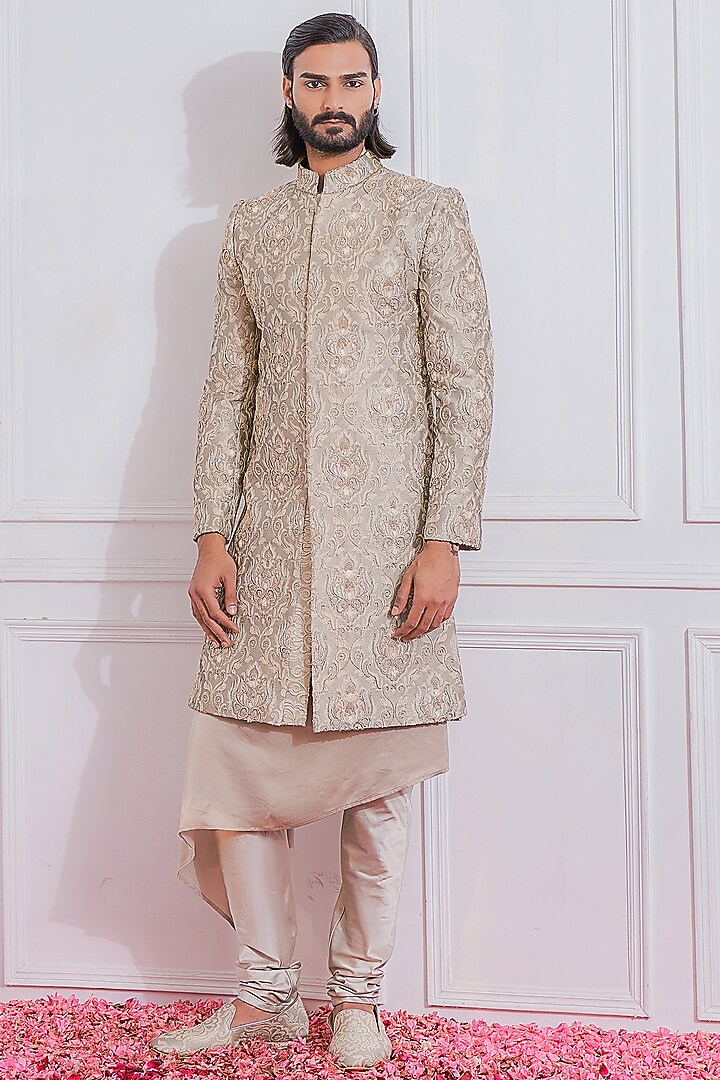Fog Grey Hand Embroidered Groom Sherwani Set by Ankit V Kapoor at Pernia's Pop Up Shop