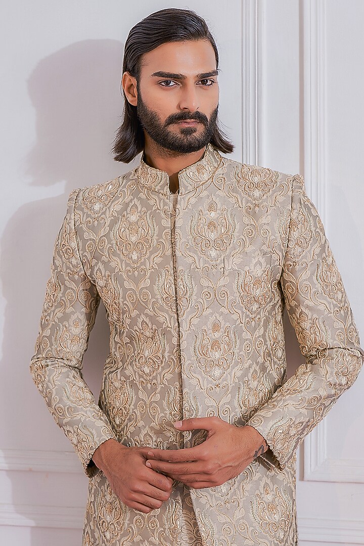 Fog Grey Hand Embroidered Groom Sherwani Set by Ankit V Kapoor at Pernia's Pop Up Shop