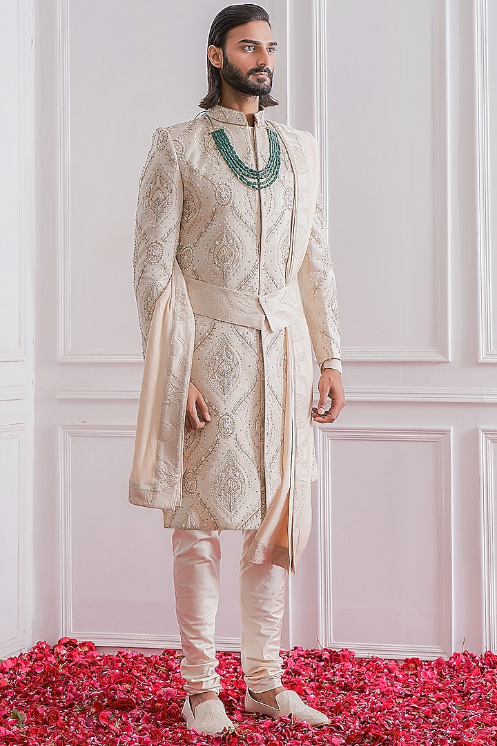 Champagne Beige Hand Embroidered Groom Sherwani Set by Ankit V Kapoor at Pernia's Pop Up Shop