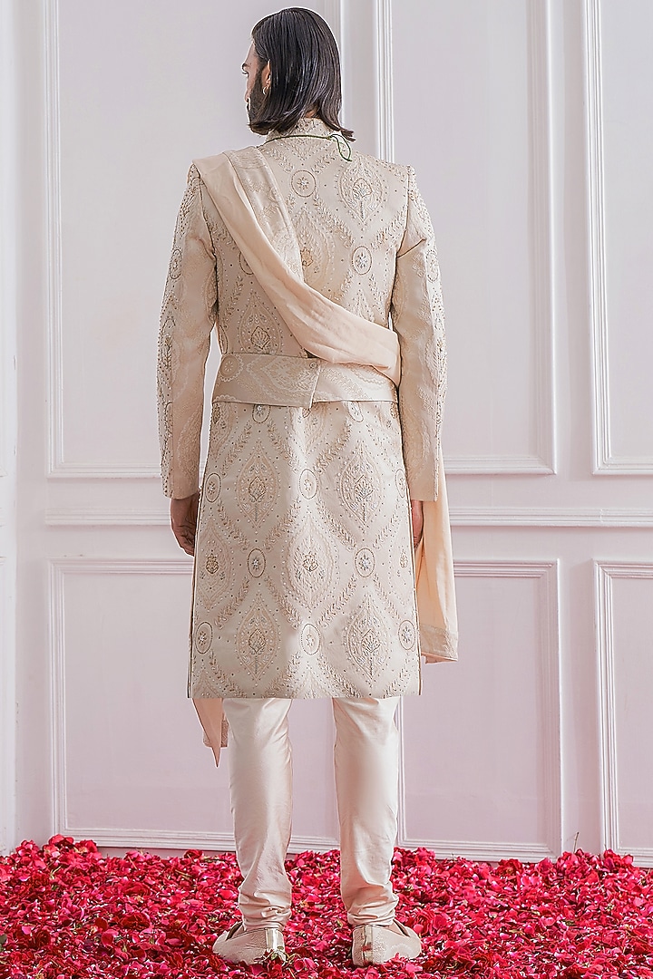 Champagne Beige Hand Embroidered Groom Sherwani Set by Ankit V Kapoor at Pernia's Pop Up Shop