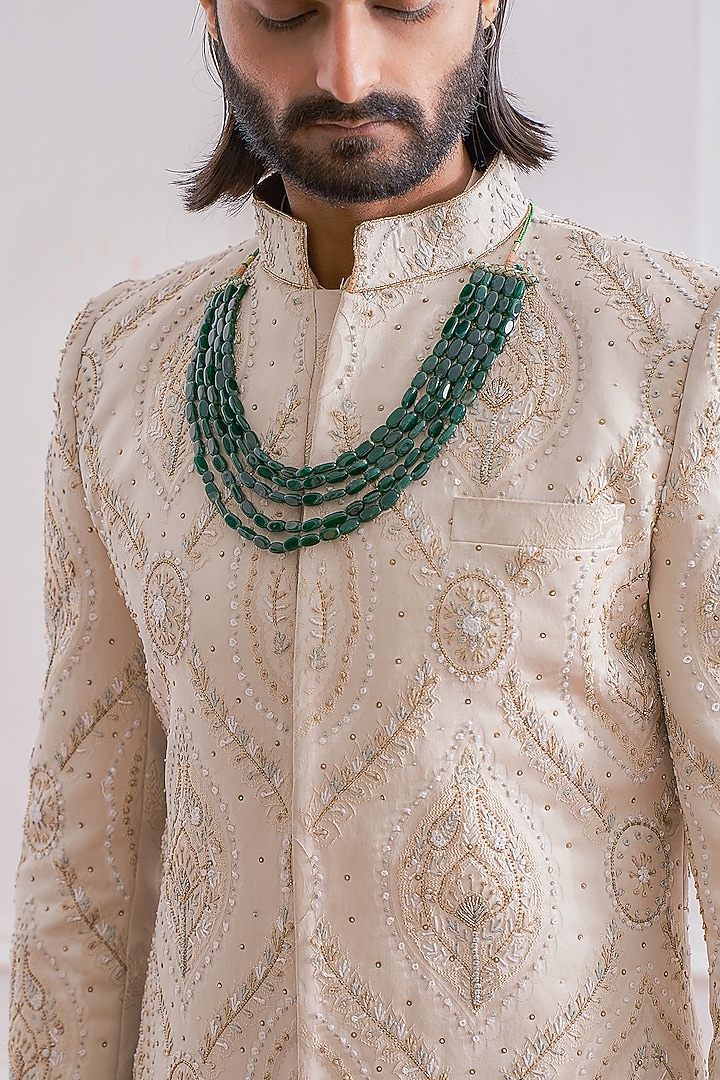 Champagne Beige Hand Embroidered Groom Sherwani Set by Ankit V Kapoor at Pernia's Pop Up Shop